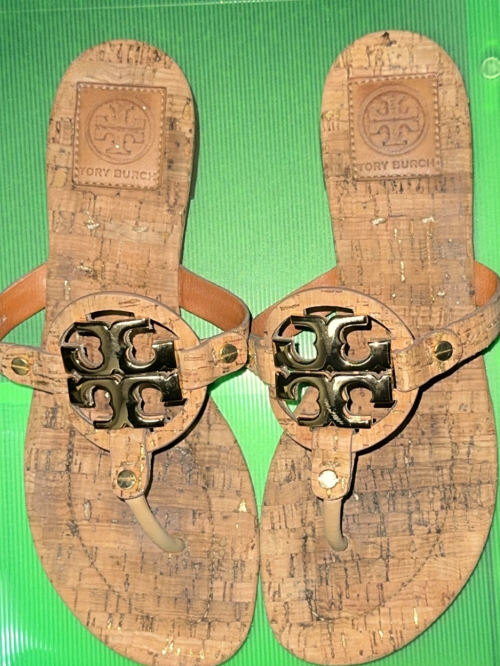 Tory Burch Miller 2 Beige Natural Cork Flip Flop Sandals With Gold Logo Size 8.5